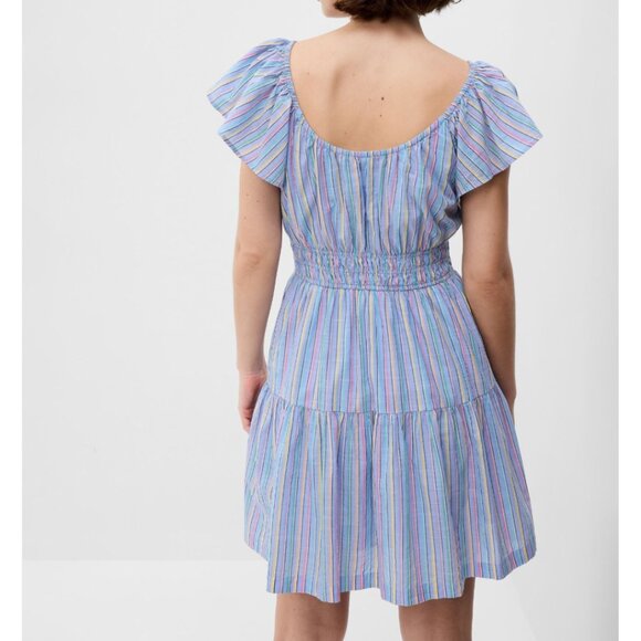 NWT GAP Women's Blue Stripe Fluttered Sleeve Tiered/Smocked Mini Dress Sz Large - Picture 2 of 7